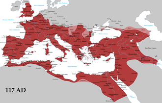 Detailed historical map showing the Roman Empire at its greatest extent under Emperor Trajan in 117 AD