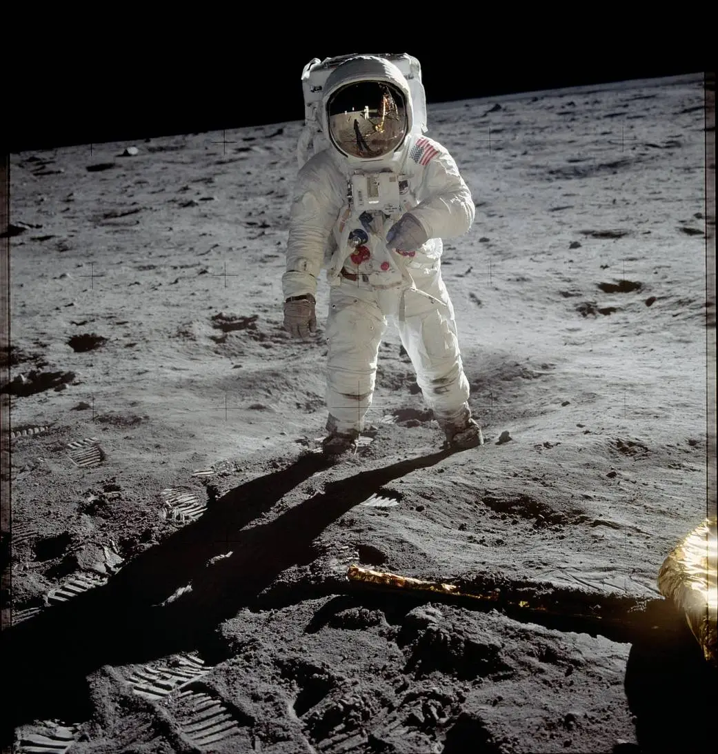 Famous photograph of Buzz Aldrin on the lunar surface during the Apollo 11 mission in 1969