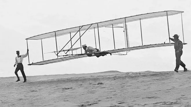 The Wright brothers' first powered flight at Kitty Hawk, North Carolina on December 17, 1903